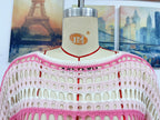 Women’s hollow-out crochet striped knit sweater, pink-and-white wide neckline detail