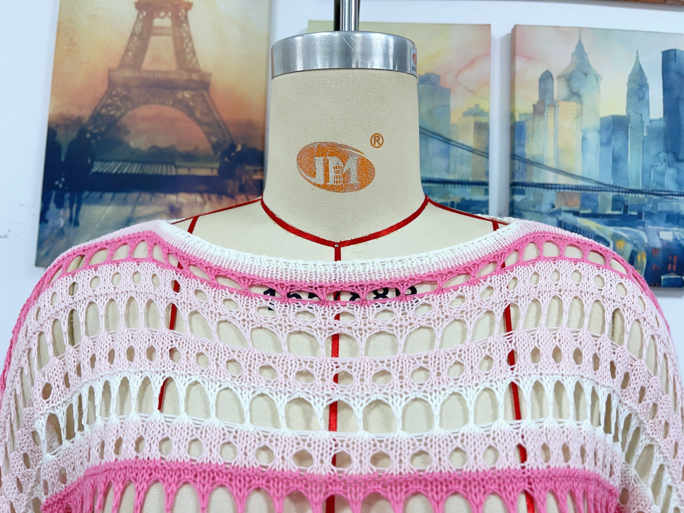 Women’s hollow-out crochet striped knit sweater, pink-and-white wide neckline detail