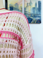 Women’s hollow-out crochet striped knit sweater sleeve, pink trim over white lattice knit