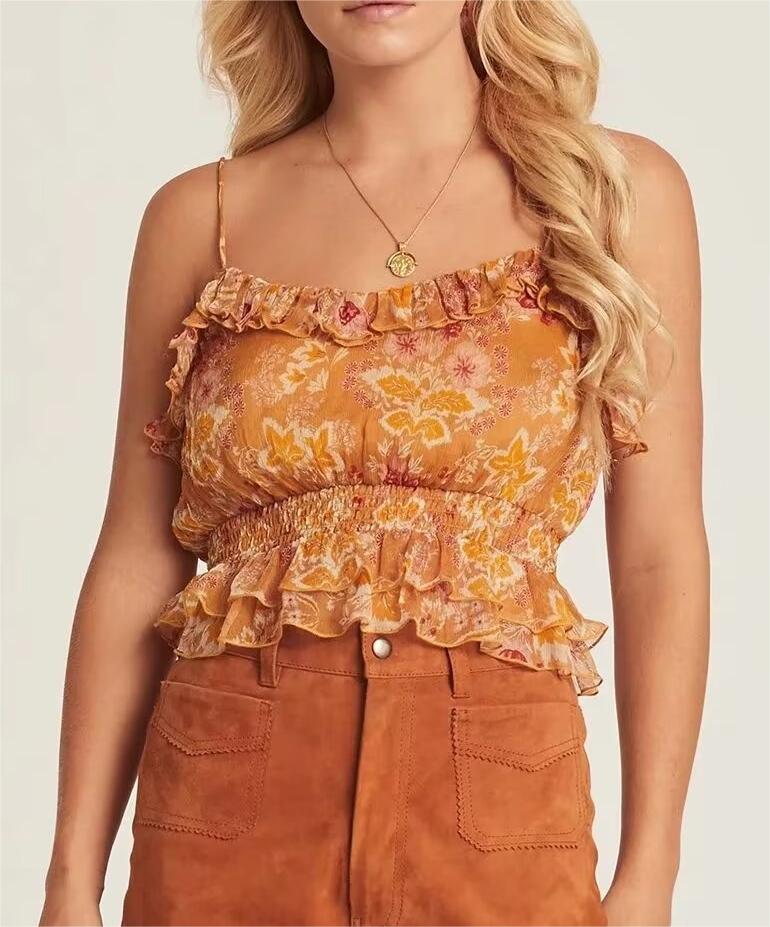 Women’s Floral Smocked Ruffle Strap Crop Camisole
