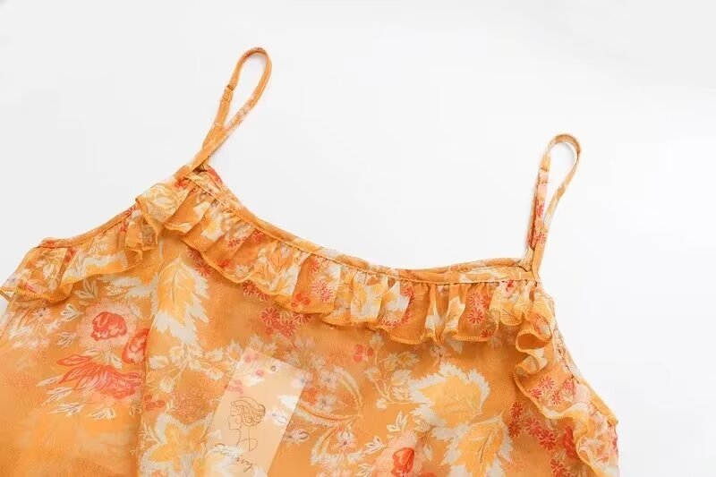 Women’s Floral Smocked Ruffle Strap Crop Camisole