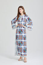Women's 's Vintage Printed Long-Sleeve Dress