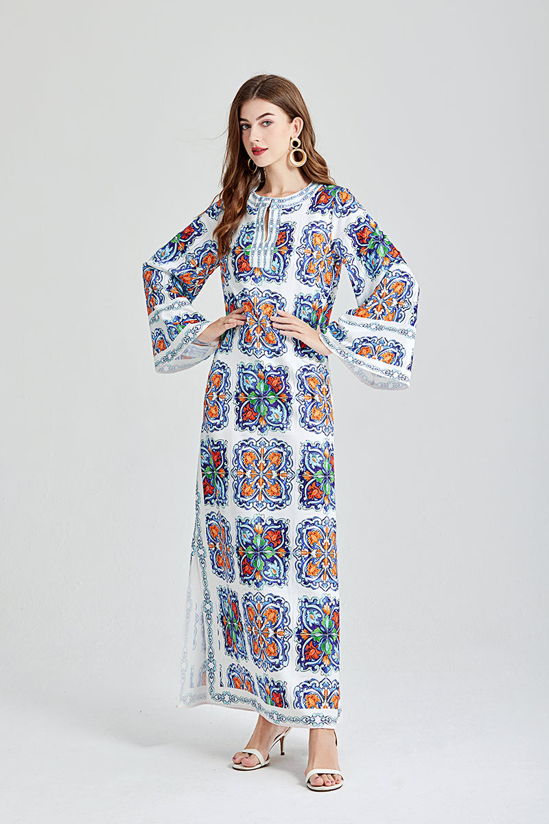 Women's 's Vintage Printed Long-Sleeve Dress