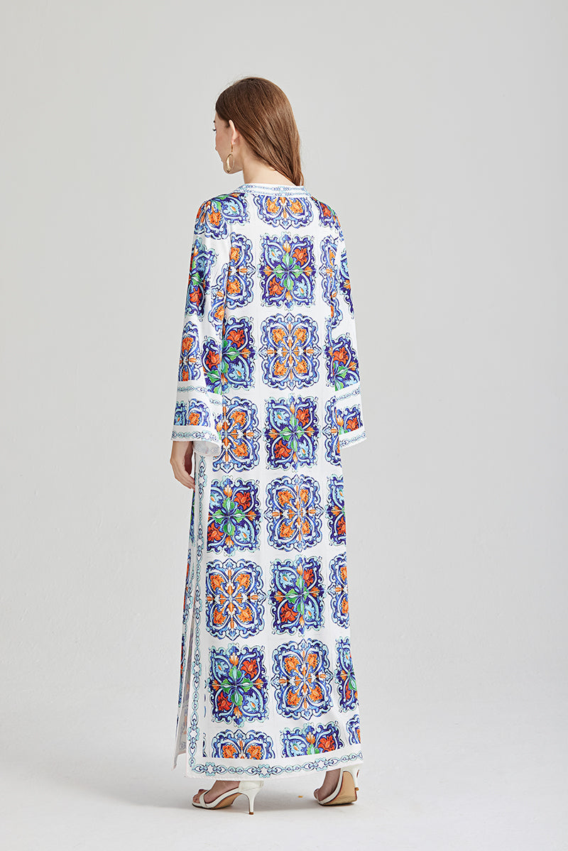 Women's 's Vintage Printed Long-Sleeve Dress