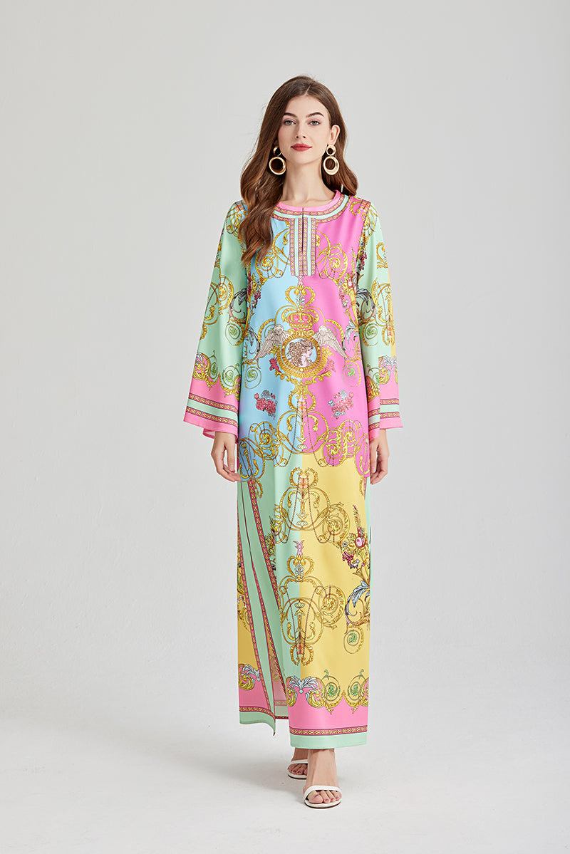 Women's 's Vintage Printed Long-Sleeve Dress