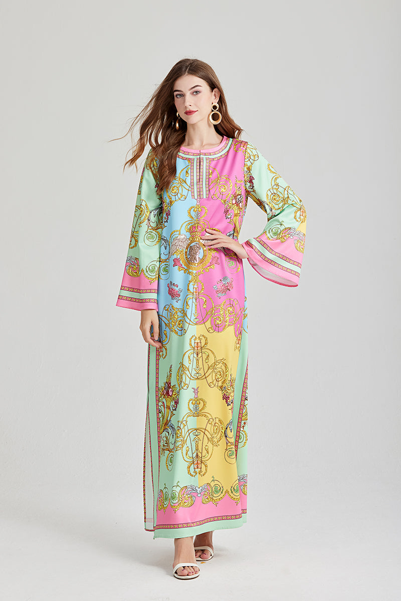 Women's 's Vintage Printed Long-Sleeve Dress