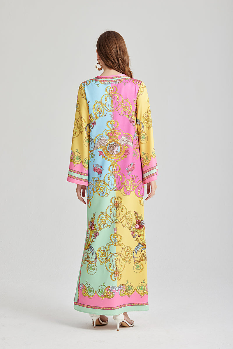 Women's 's Vintage Printed Long-Sleeve Dress