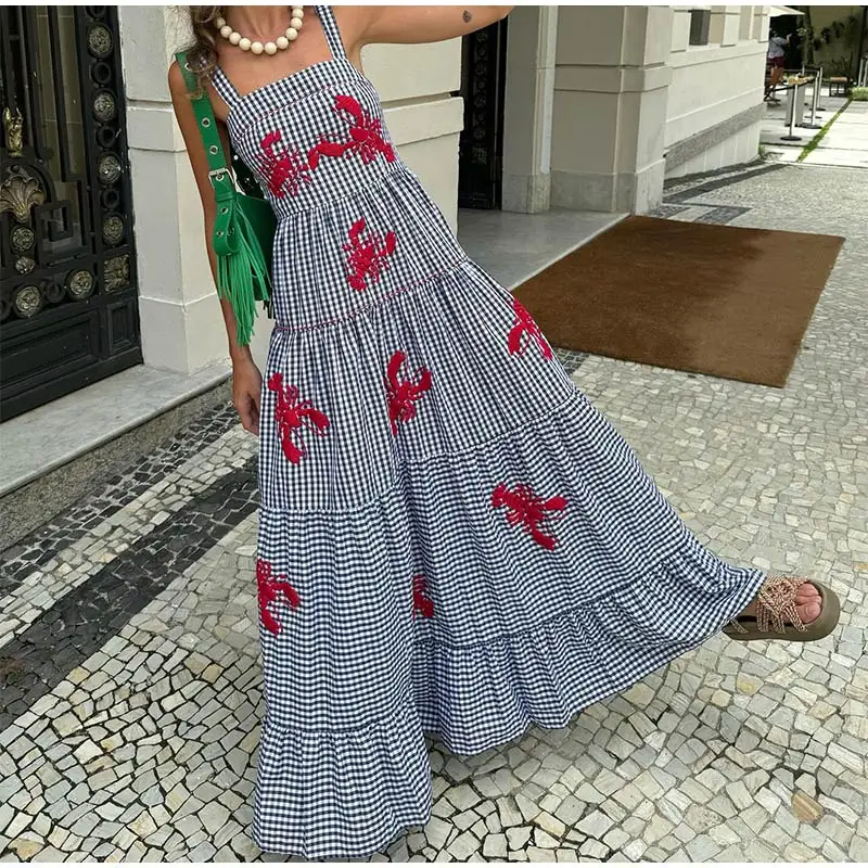 Casual Lobster Embroidery Pattern Pigeon Camisole Dress