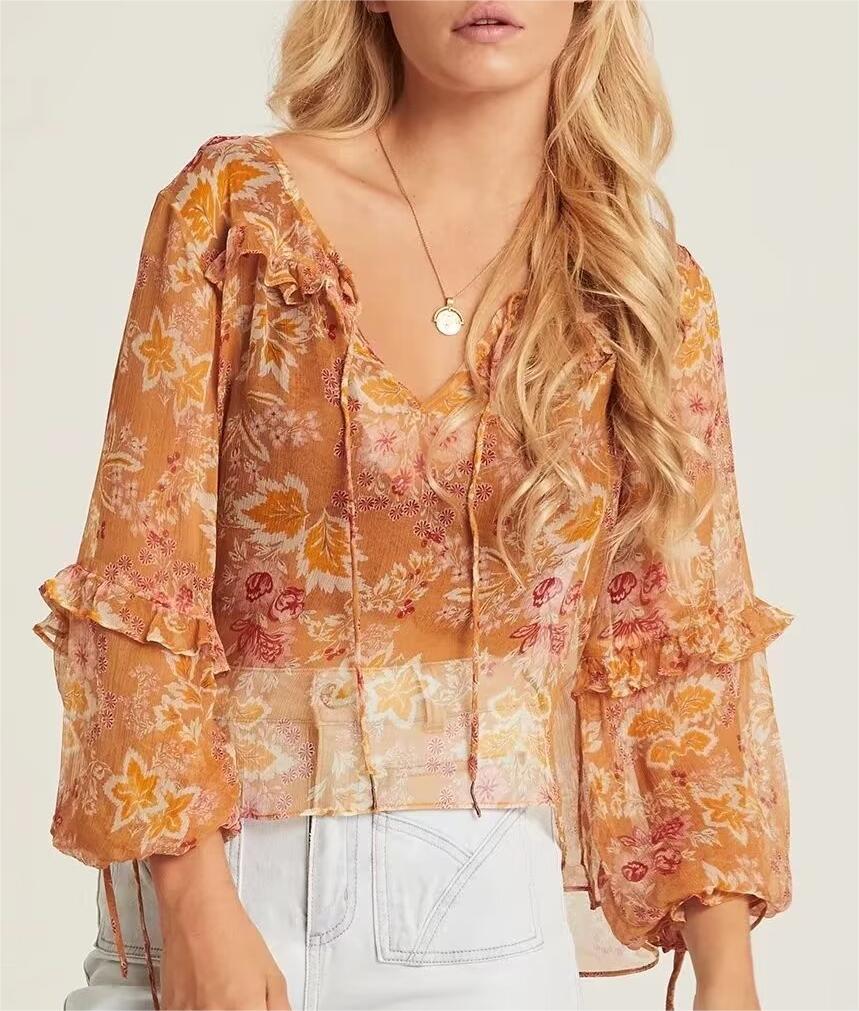 Women’s Orange Floral Ruffle Tie Neck Shirt