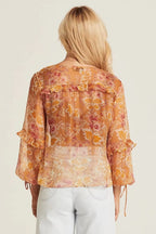 Women’s Orange Floral Ruffle Tie Neck Shirt