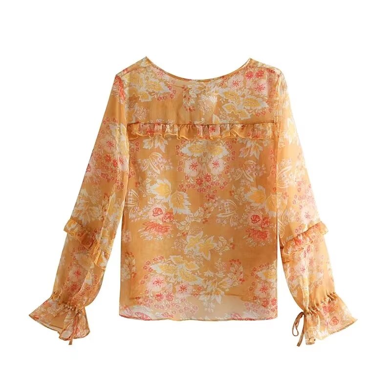 Women’s Orange Floral Ruffle Tie Neck Shirt