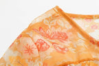 Women’s Orange Floral Ruffle Tie Neck Shirt