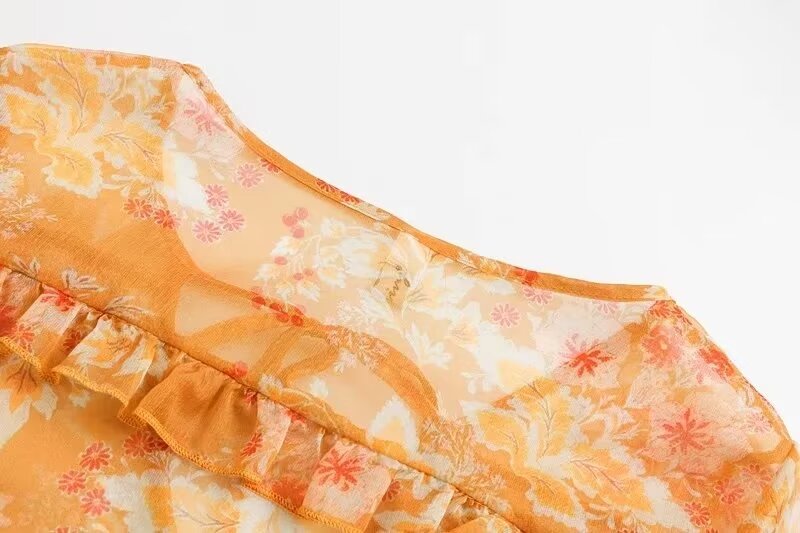 Women’s Orange Floral Ruffle Tie Neck Shirt