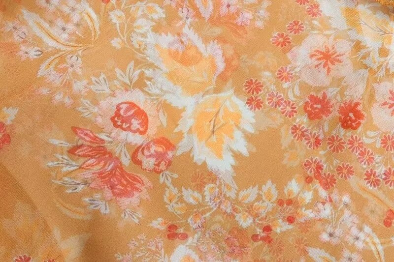 Women’s Orange Floral Ruffle Tie Neck Shirt
