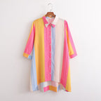 Women's Long Sleeved Loose Mid Length Color Stripes Shirt