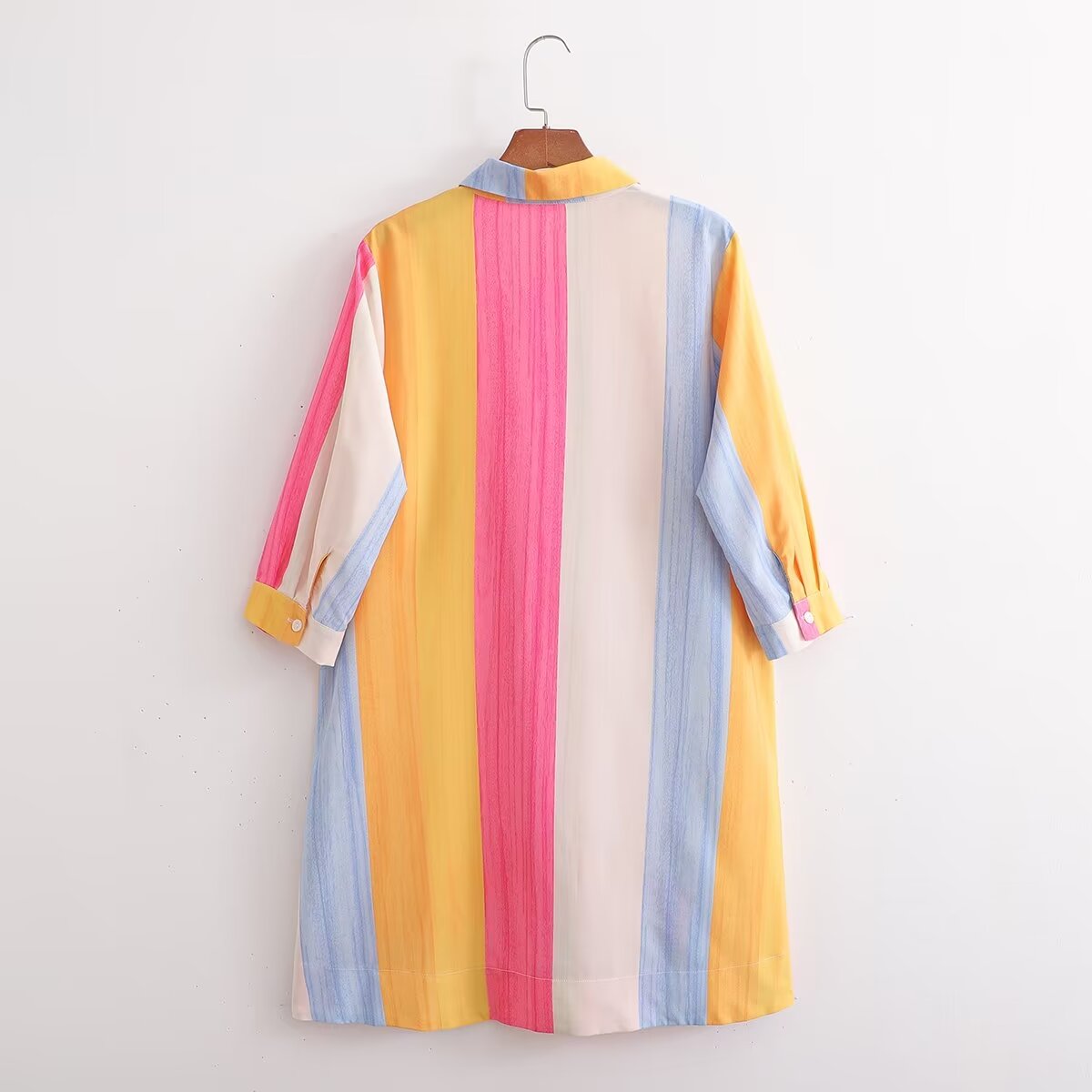 Women's Long Sleeved Loose Mid Length Color Stripes Shirt