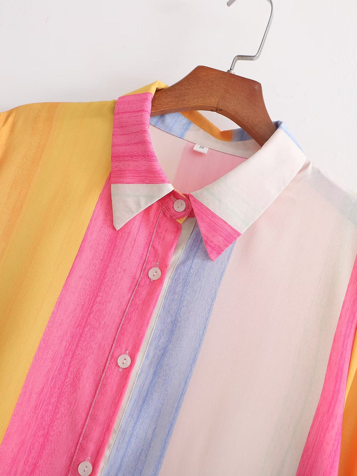 Women's Long Sleeved Loose Mid Length Color Stripes Shirt