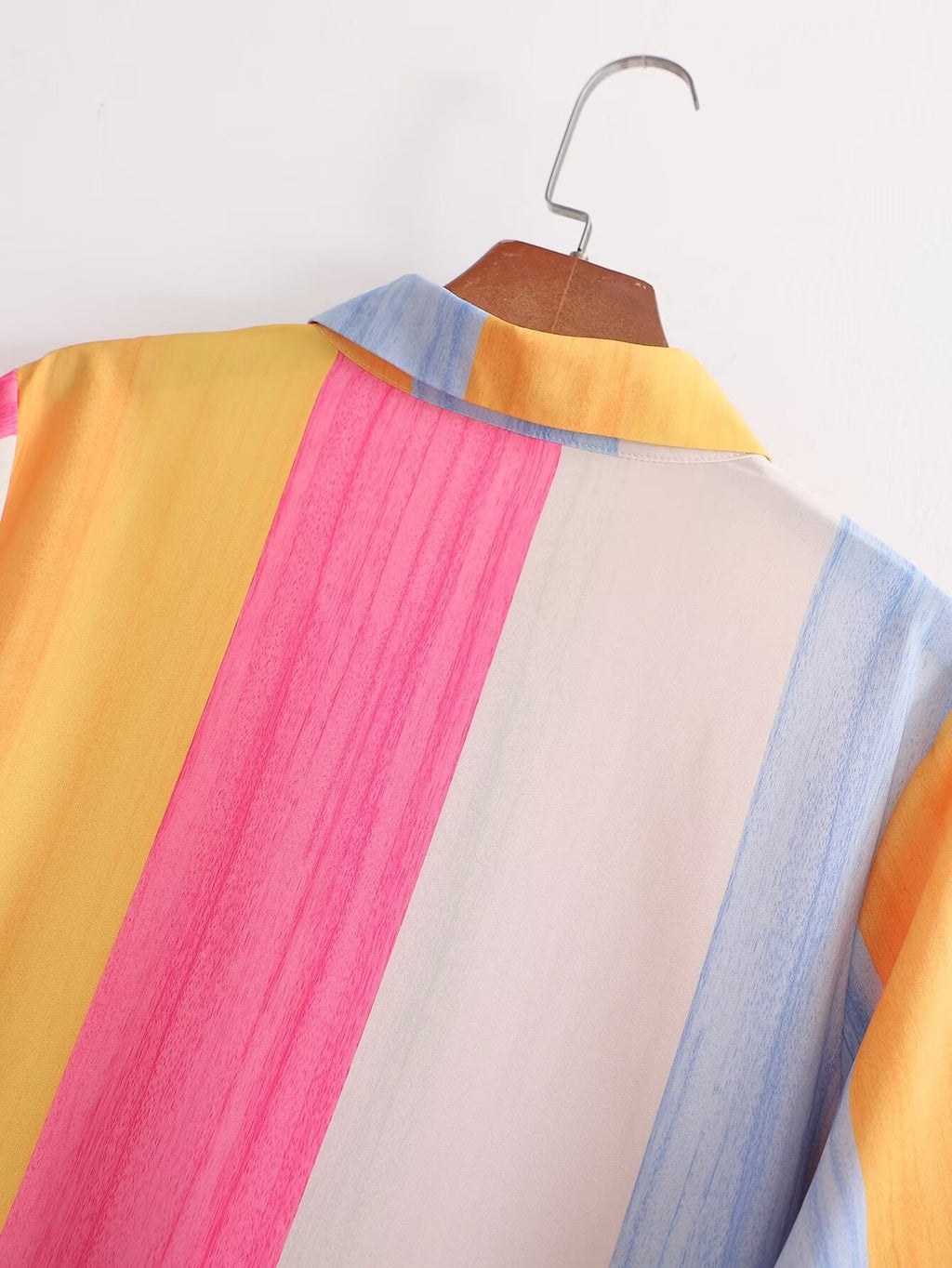 Women's Long Sleeved Loose Mid Length Color Stripes Shirt
