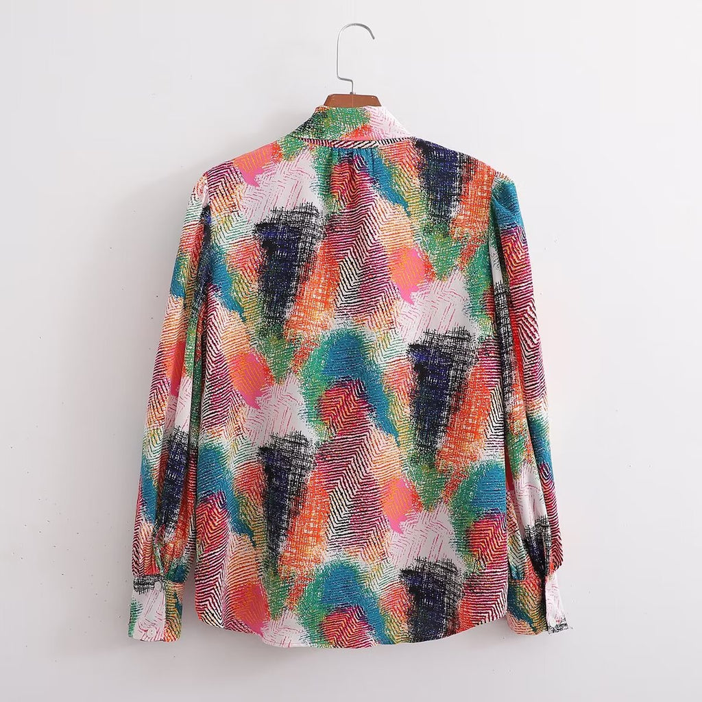 Women's Slimming Collared Long Sleeve Positioning Printed Shirt