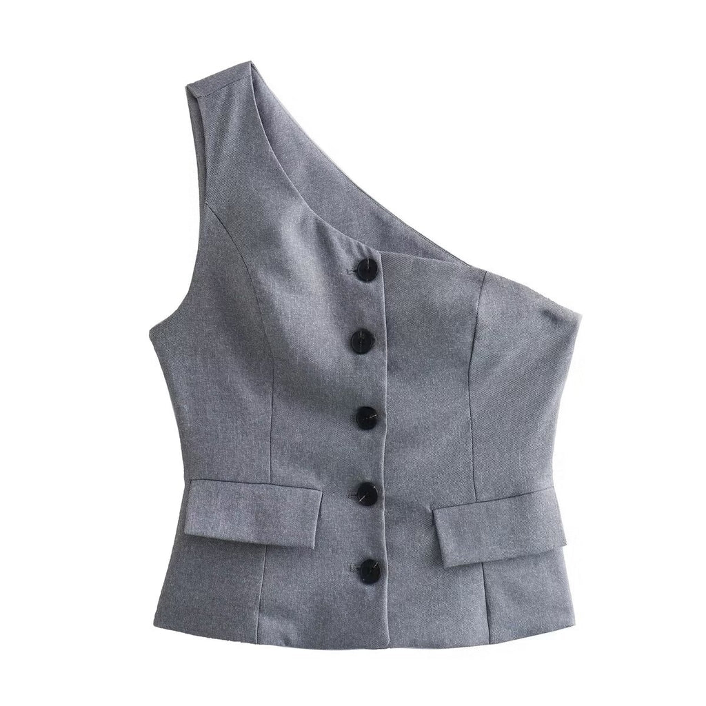 Asymmetric Vest Pleated Design Skinny Pant Set