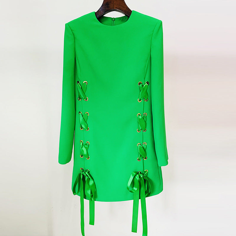 Star Ribbon Rope Casual Round-Neck Long-Sleeve Dress