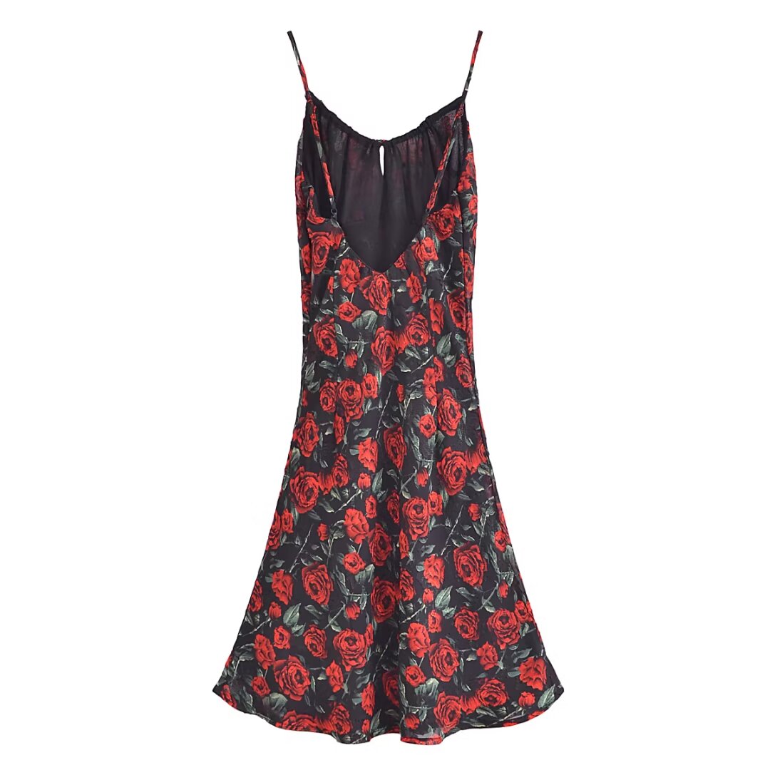 Rose Jacquard Printed Slim Waist Mini Strap Dress