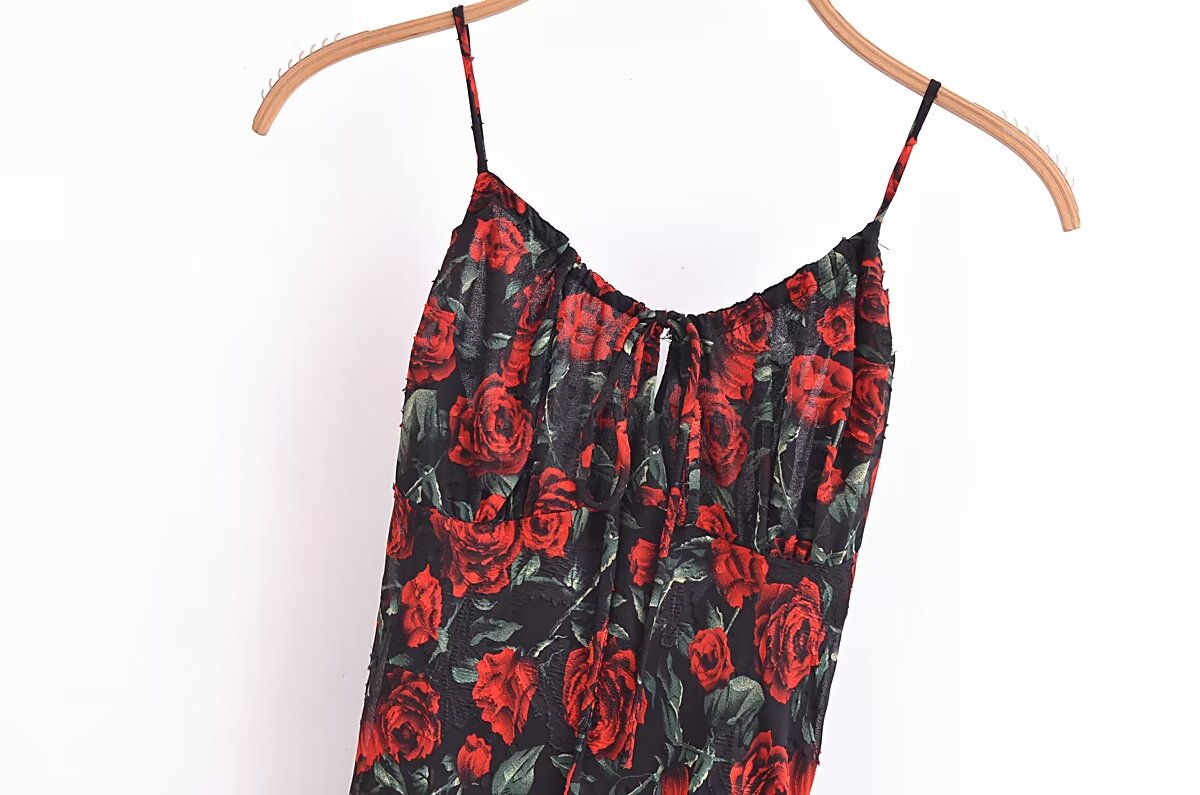 Rose Jacquard Printed Slim Waist Mini Strap Dress