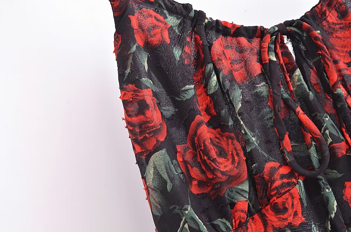 Rose Jacquard Printed Slim Waist Mini Strap Dress