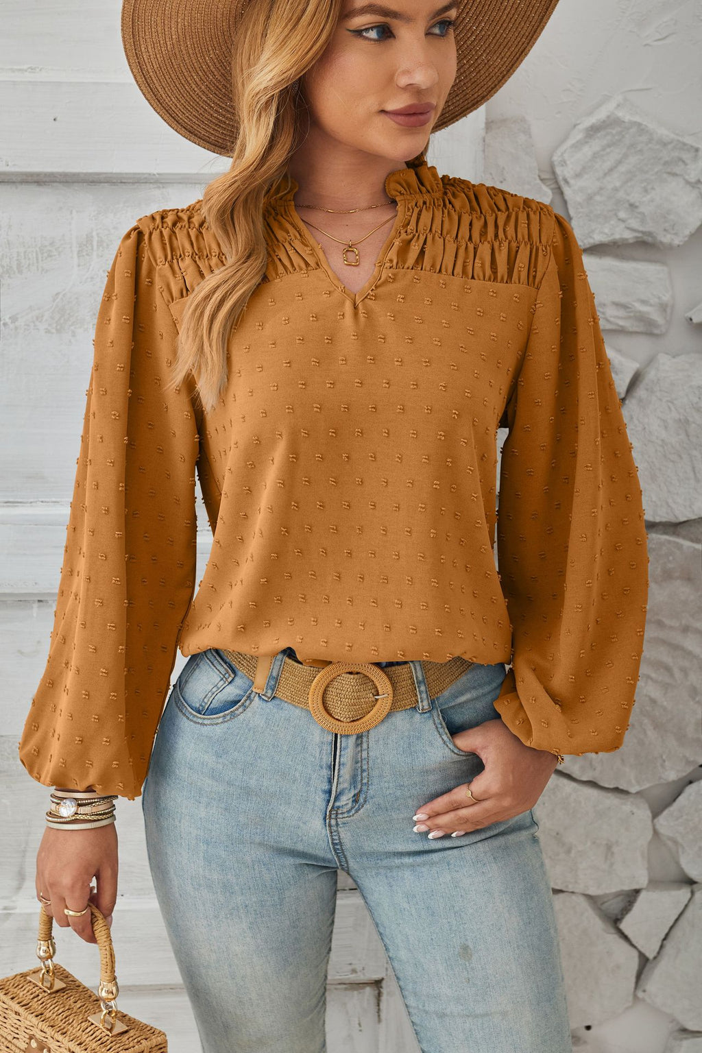 Women's Clothing Spring Summer V Neck Pleated Woven Jacquard Long Sleeved Chiffon Shirt