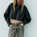 Women's Faux Leather Long Sleeve Shirt