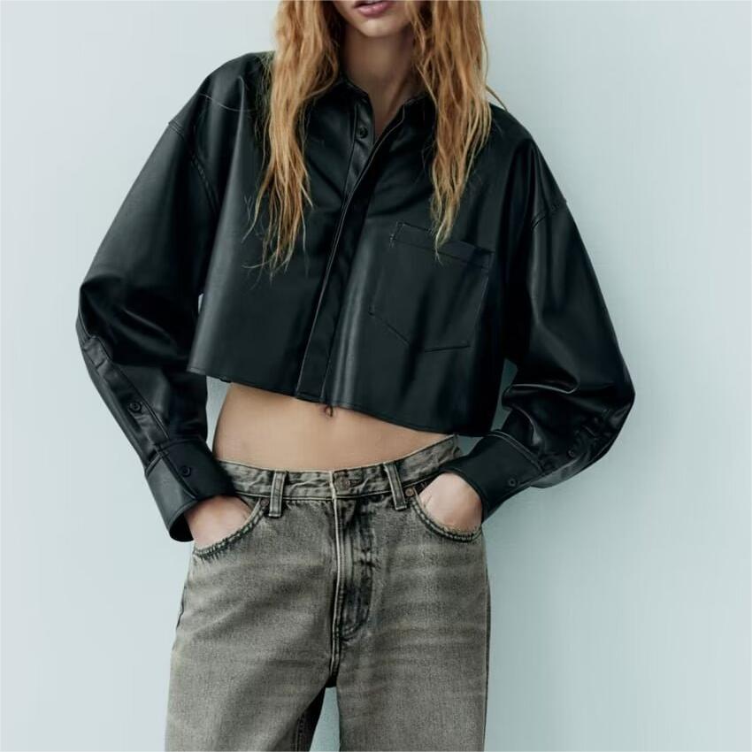 Women's Faux Leather Long Sleeve Shirt