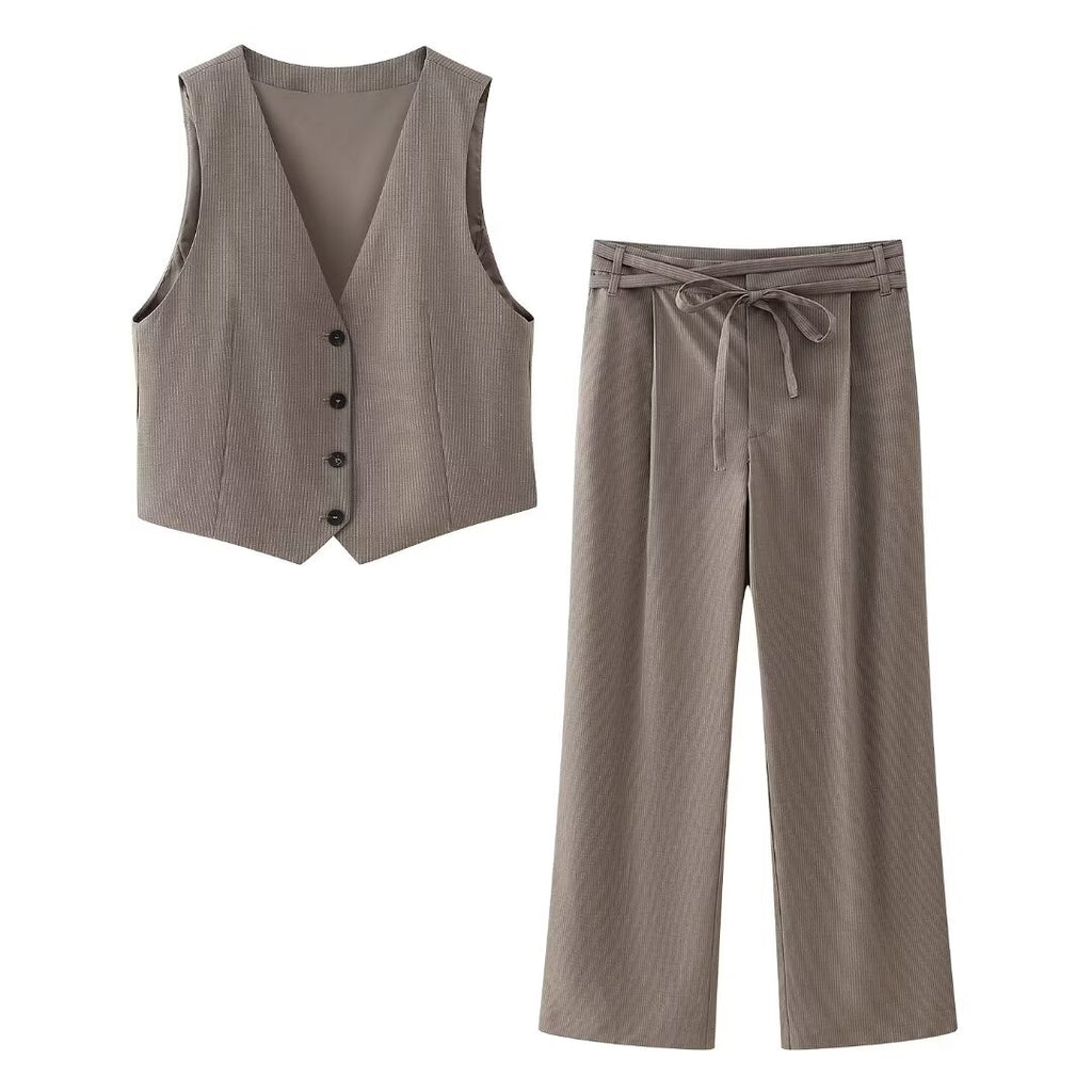 Women's French Ptripe Suit Vest Trousers Suit