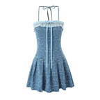 Lace Denim Halter Ruffled A-Line Mini Dress