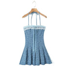 Lace Denim Halter Ruffled A-Line Mini Dress