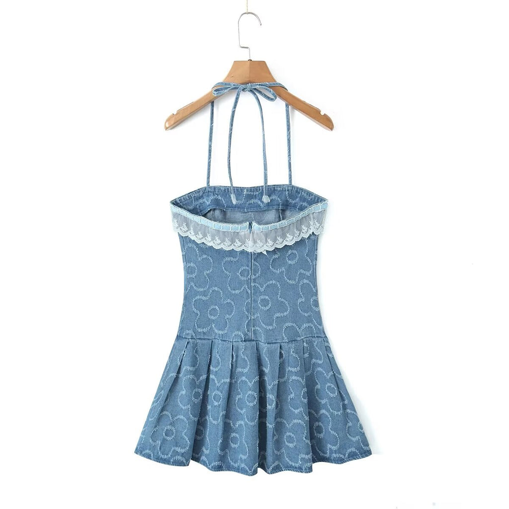 Lace Denim Halter Ruffled A-Line Mini Dress