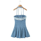 Lace Denim Halter Ruffled A-Line Mini Dress