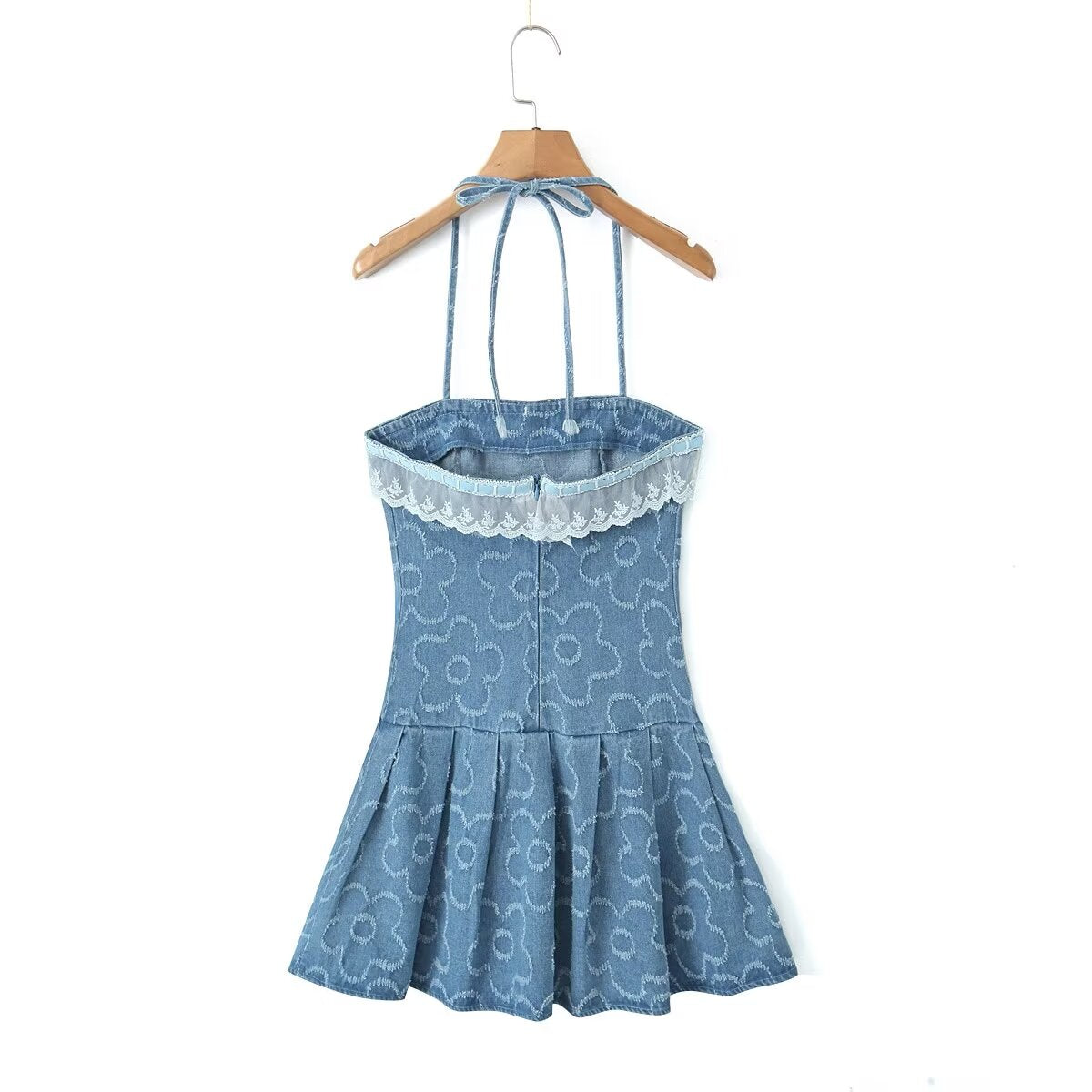 Lace Denim Halter Ruffled A-Line Mini Dress