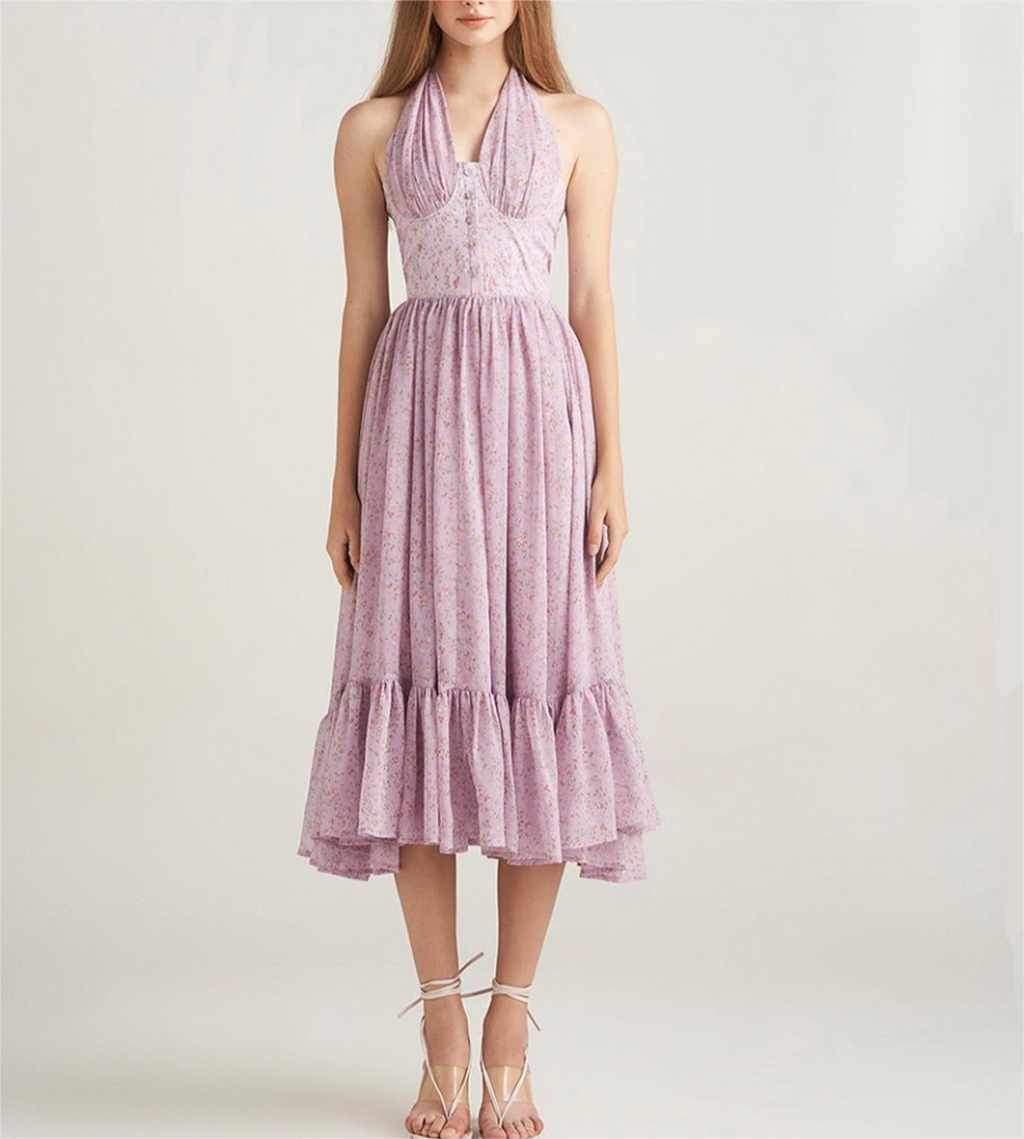 Women's Halter Floral Ruffle Smocked A-Line Maxi Dress