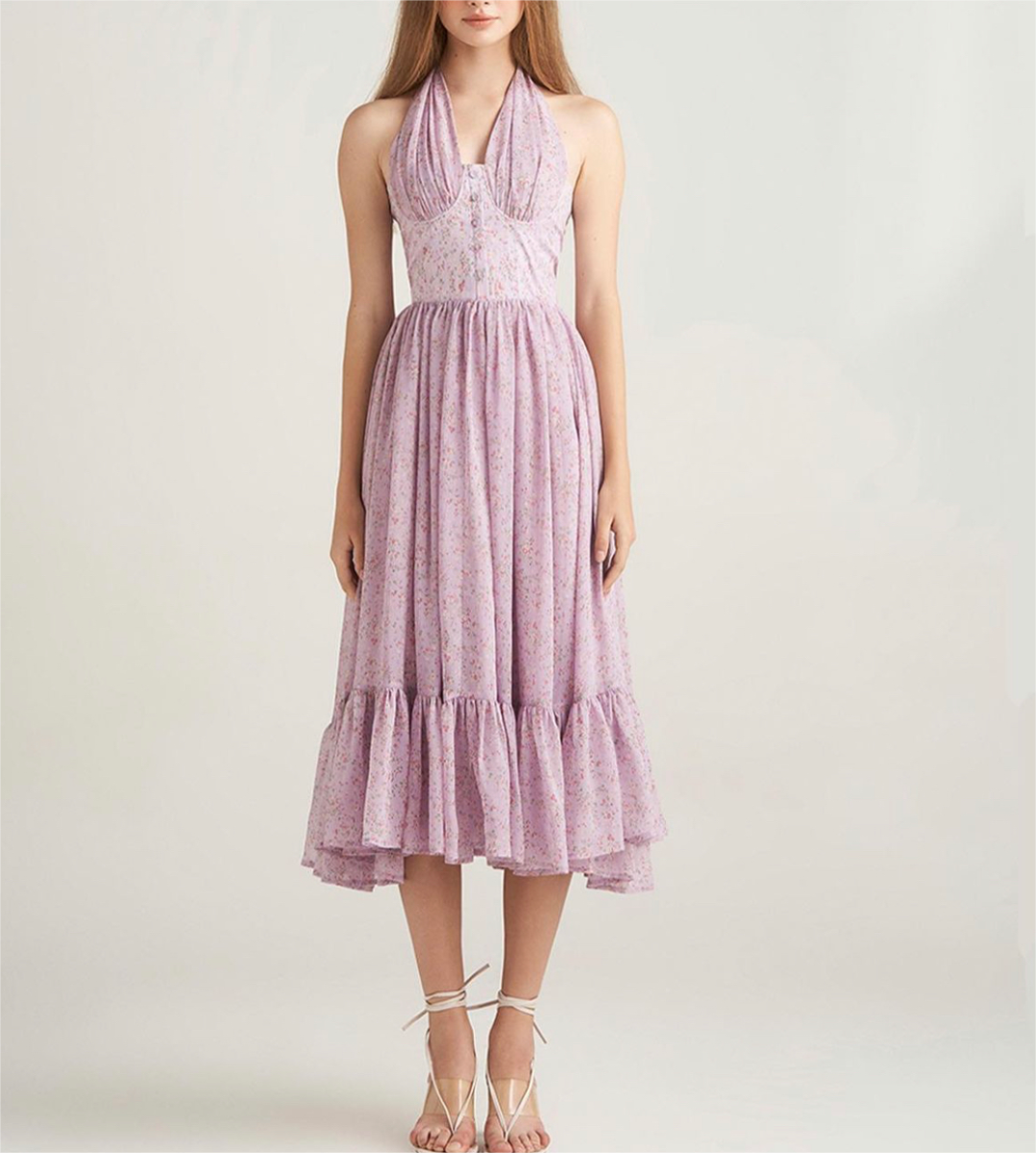 Women's Halter Floral Ruffle Smocked A-Line Maxi Dress