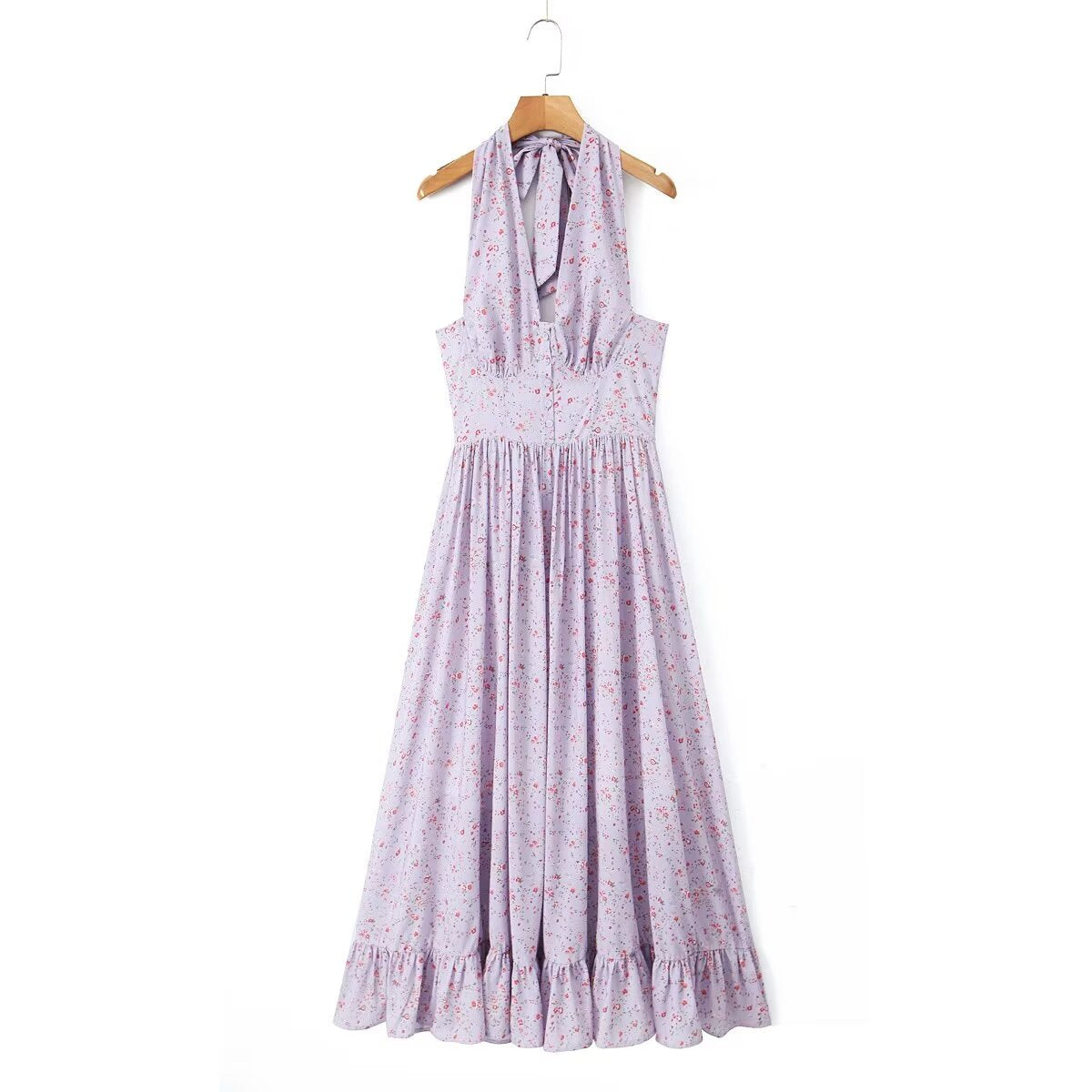Women's Halter Floral Ruffle Smocked A-Line Maxi Dress