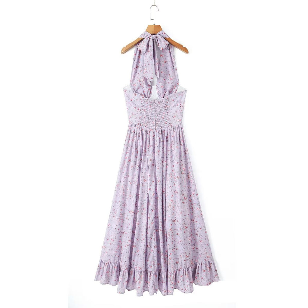 Women's Halter Floral Ruffle Smocked A-Line Maxi Dress