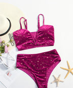 Burgundy star-print bikini swim set with underwire bra and high-rise briefs