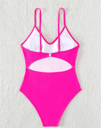 Pink fringed one-piece swimsuit with spaghetti straps and front cutout mesh panel