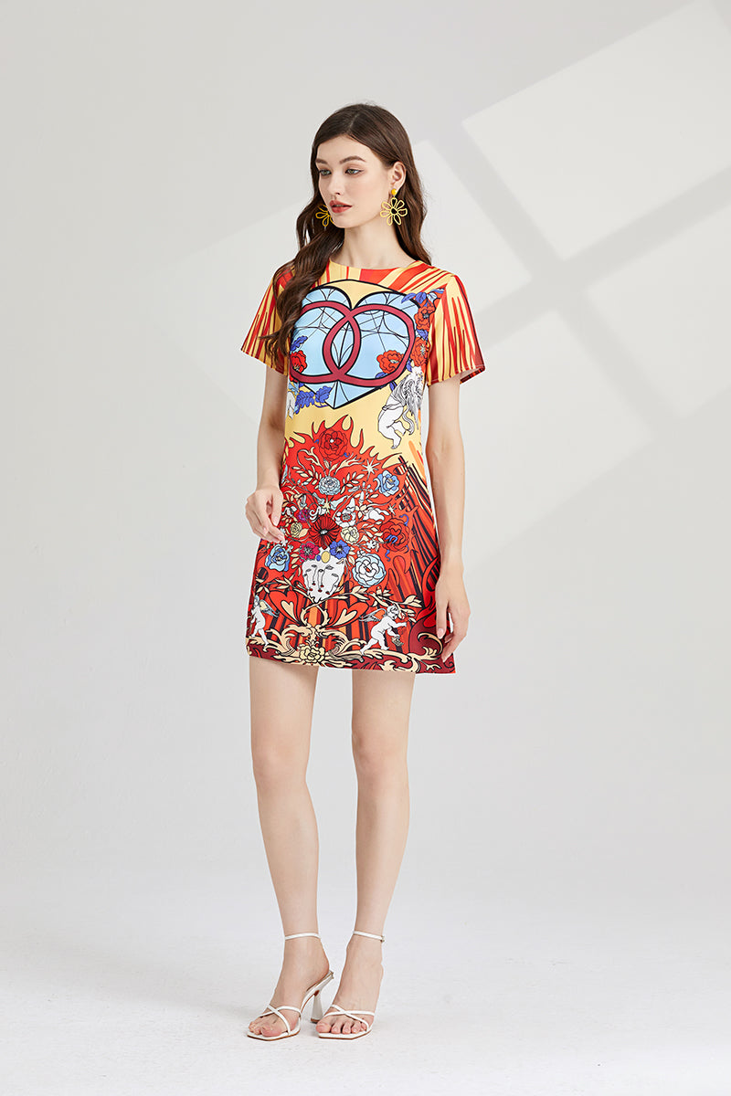 Women's 's Printed Short-Sleeve A-Line Dress