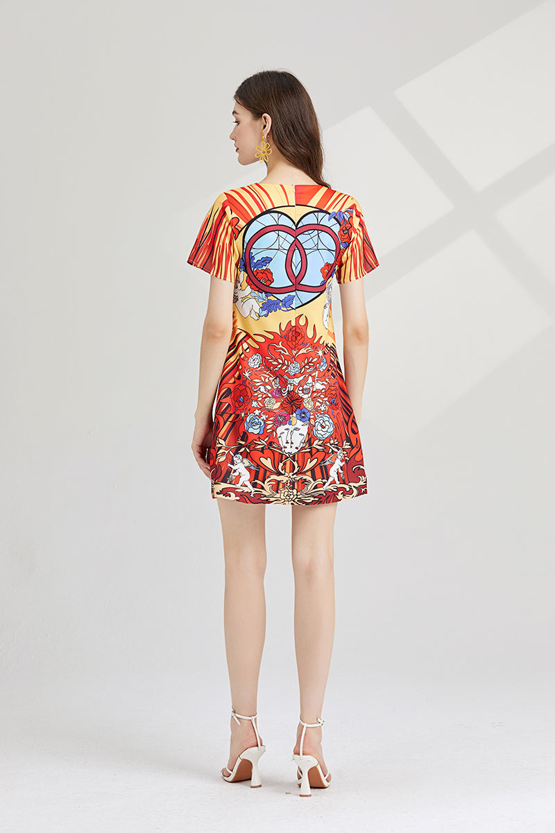 Women's 's Printed Short-Sleeve A-Line Dress