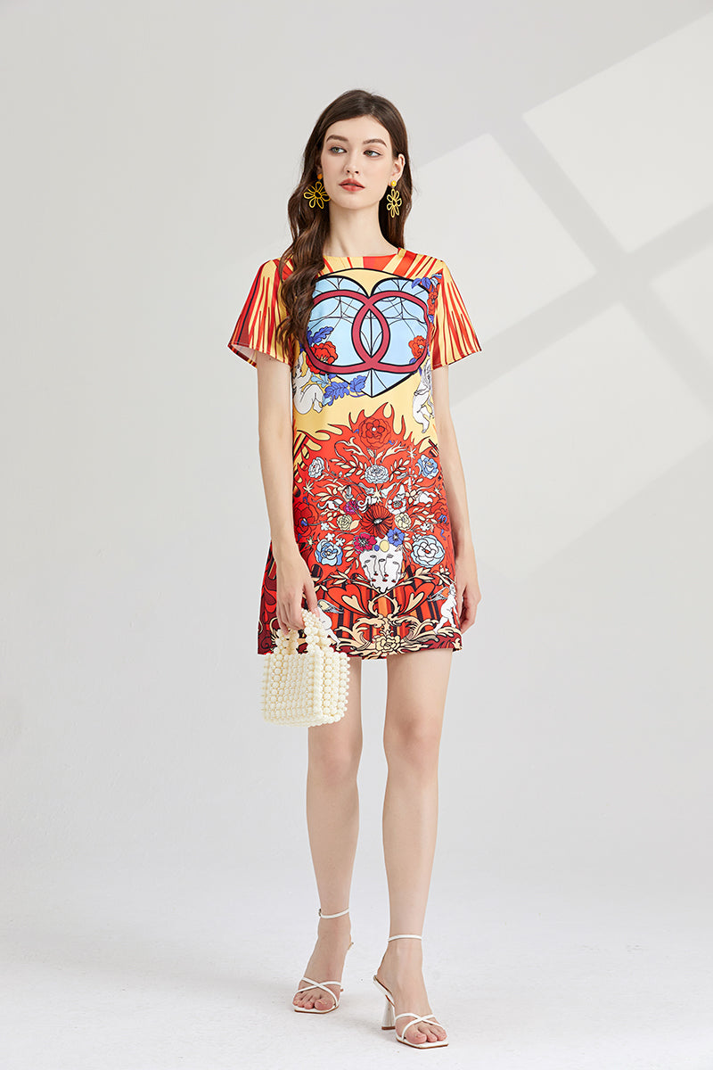 Women's 's Printed Short-Sleeve A-Line Dress