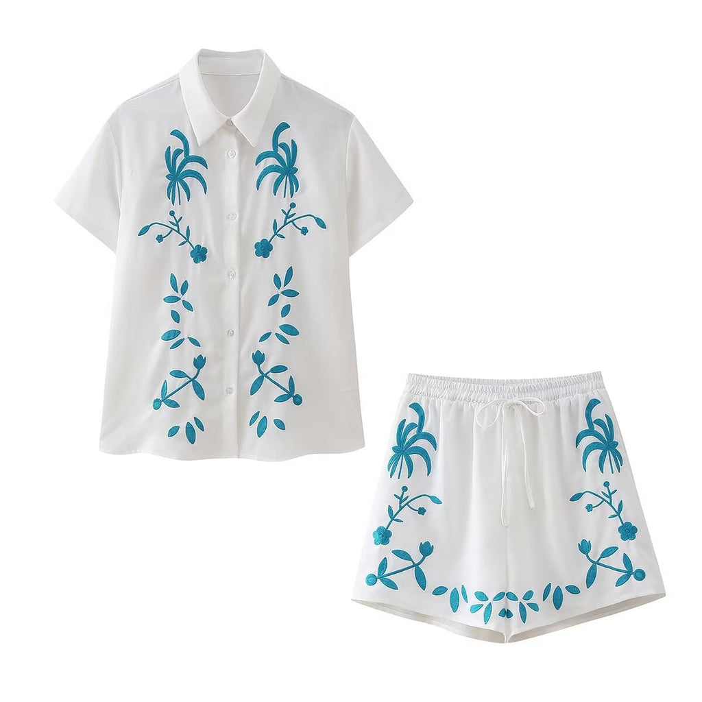 Fashionable Embroidered Short-Sleeve Shirt Pull Out Shorts Two-Piece Set