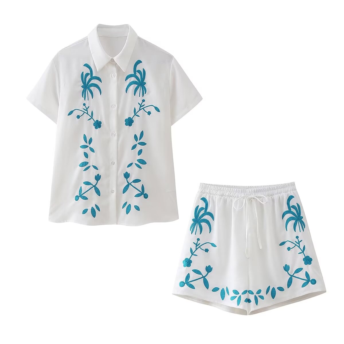 Fashionable Embroidered Short-Sleeve Shirt Pull Out Shorts Two-Piece Set