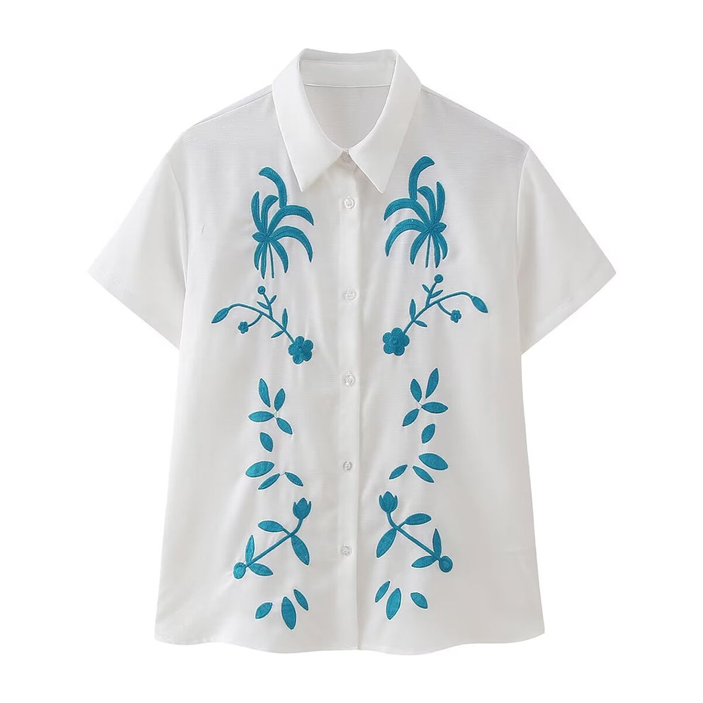 Fashionable Embroidered Short-Sleeve Shirt Pull Out Shorts Two-Piece Set