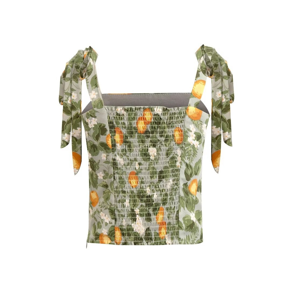 Fruit Print Lace-Up Crop Top